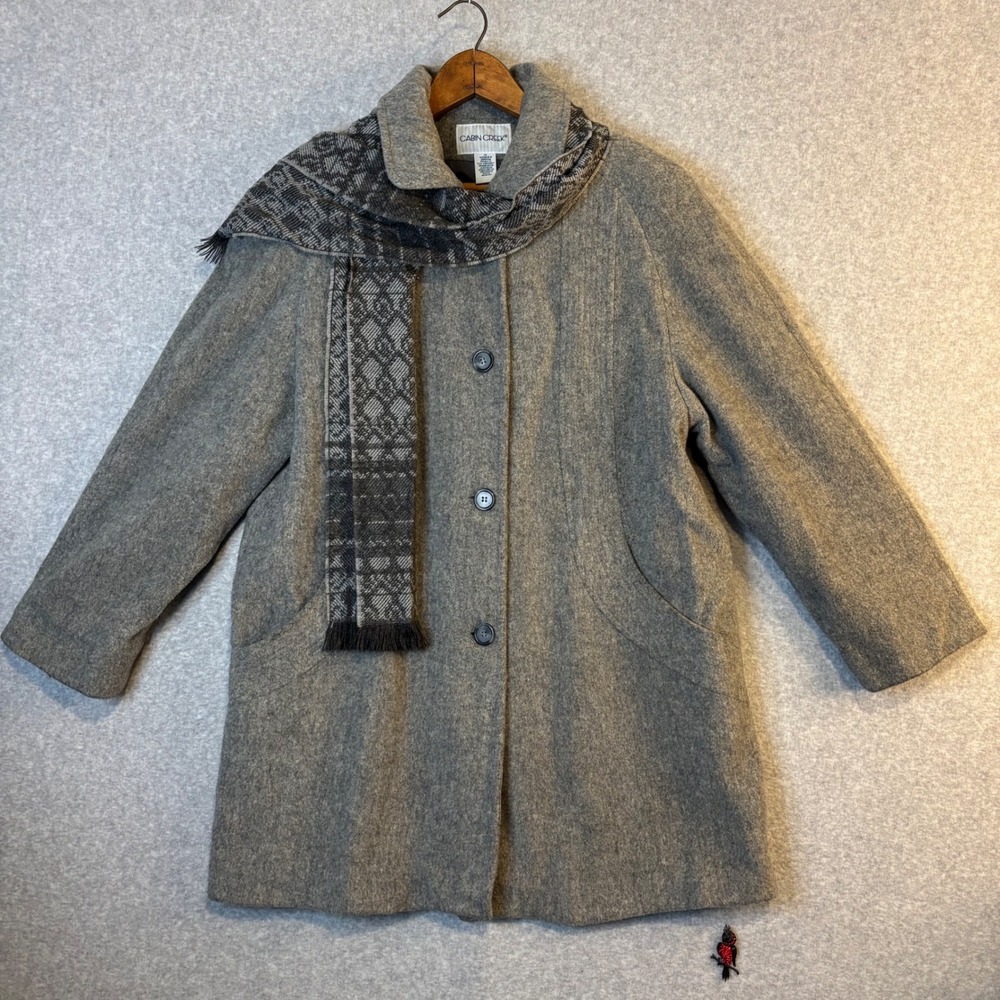 Cabin Creek Vtg Women's 12 Wool Blend Coat Gray Button‎ Front Collar Scarf Set